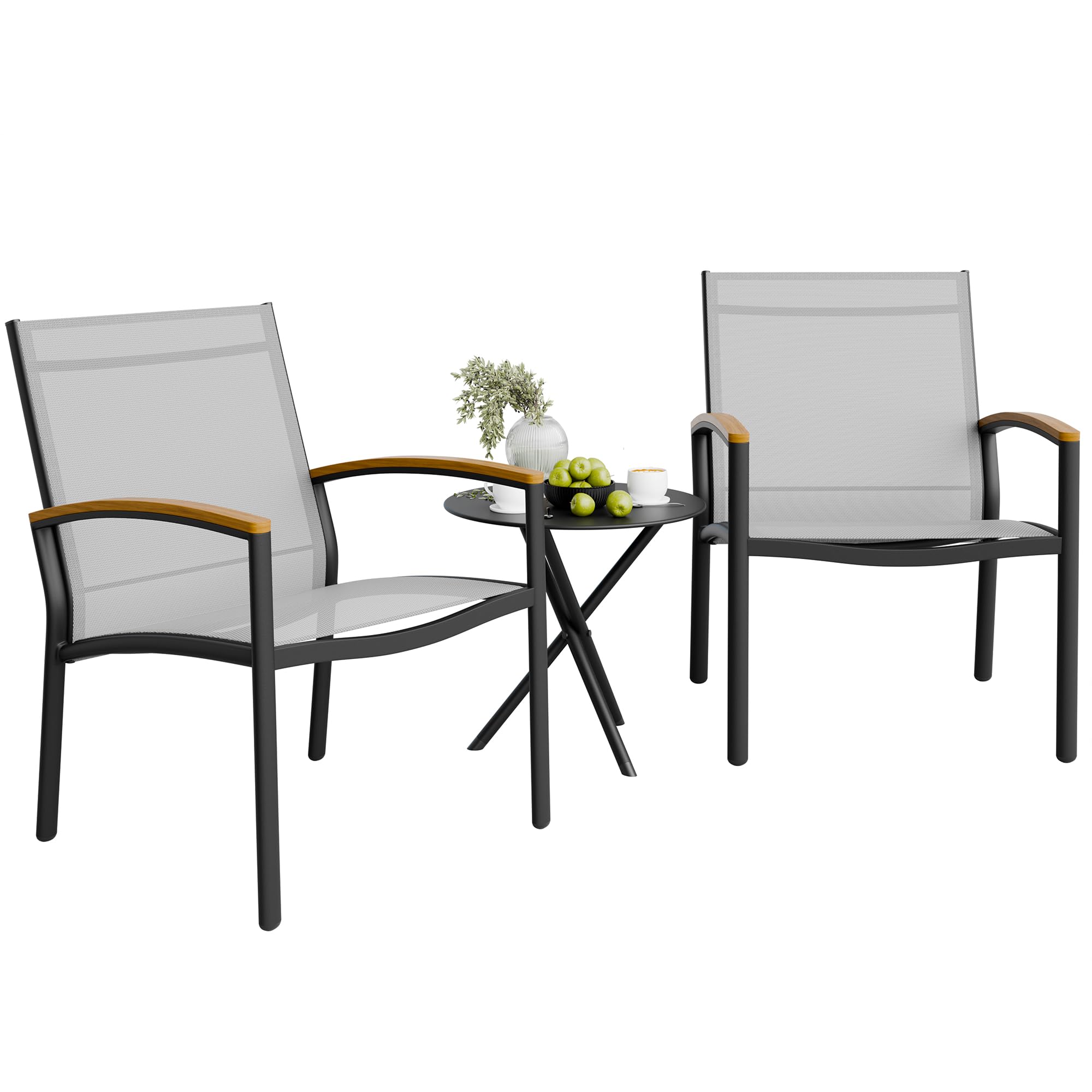 Shintenchi front view of grey bistro set showing compact layout and curb appeal