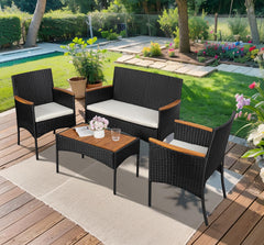 Shintenchi coffee table with wood top in garden setting showing stable surface
