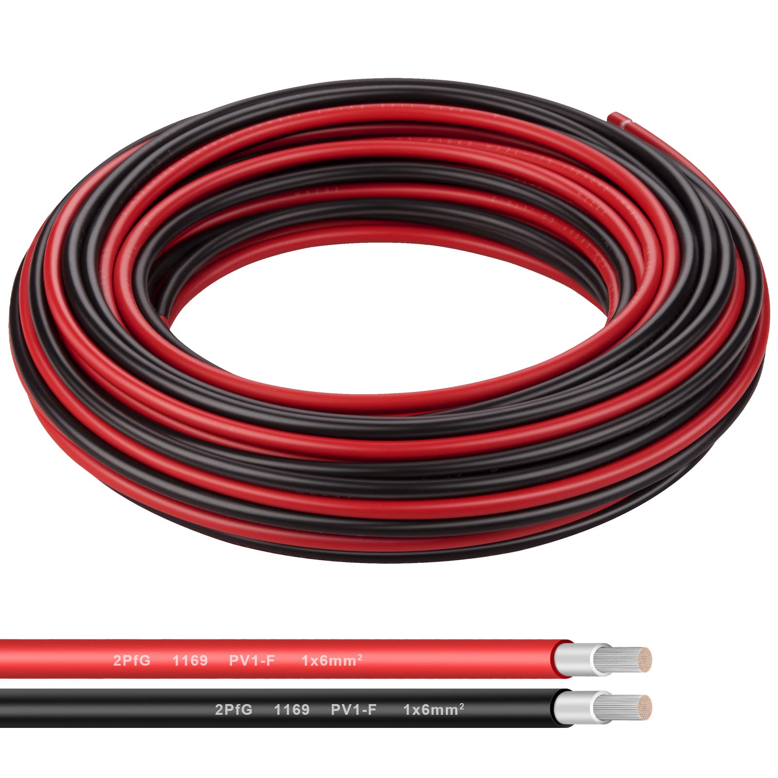 Shirbly front view of 50ft red and black PV cable pair showing clear polarity labels and durable jacket
