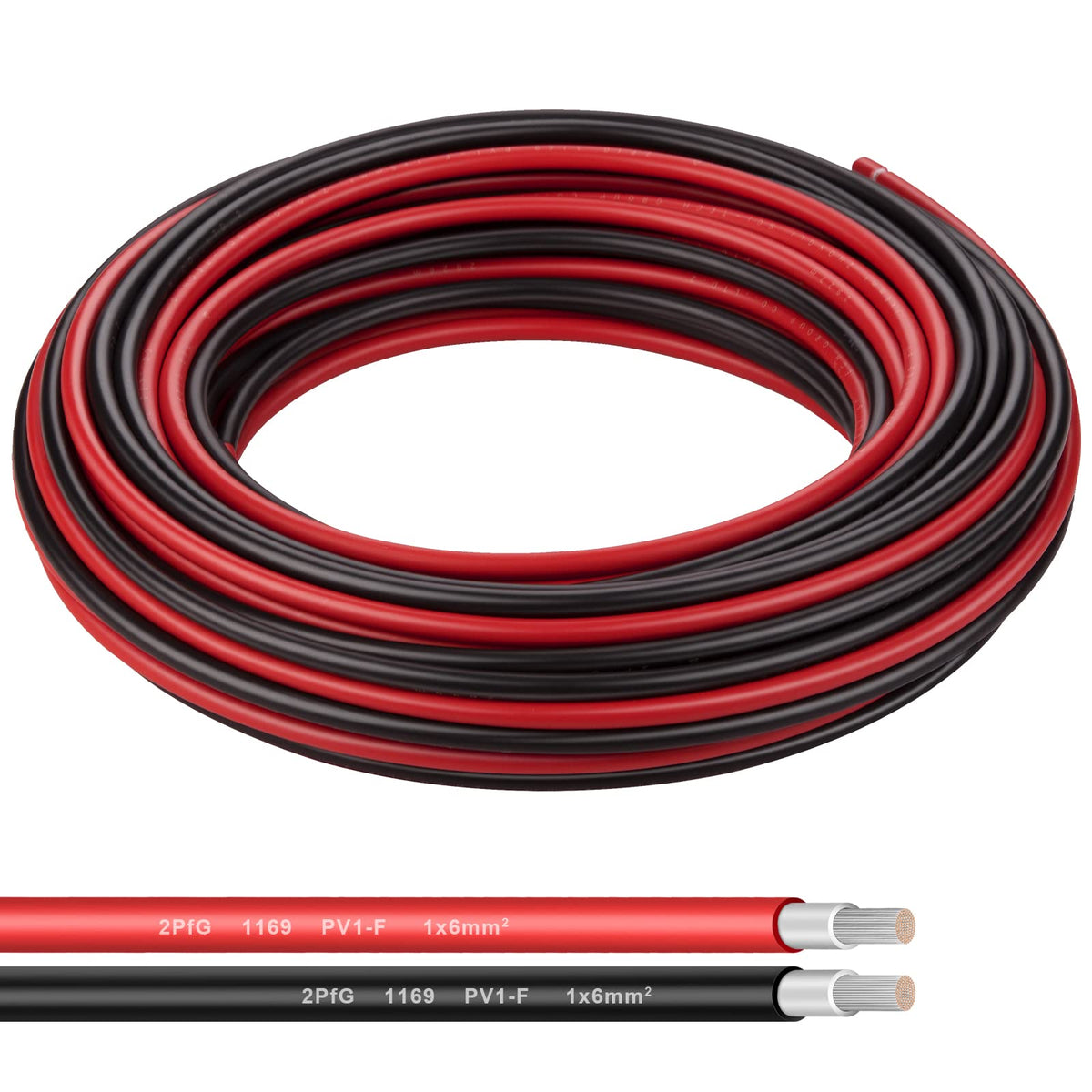 Shirbly front view of 50ft red and black PV cable pair showing clear polarity labels and durable jacket