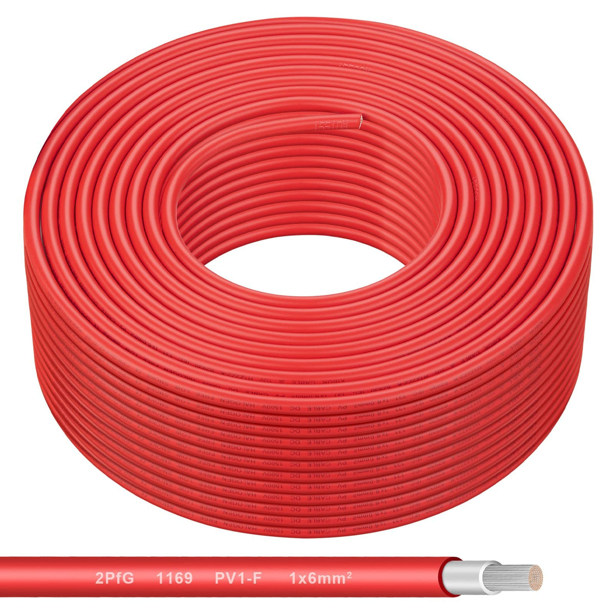 Shirbly front view of red 10AWG solar wire showing length and labeling, ensures correct purchase