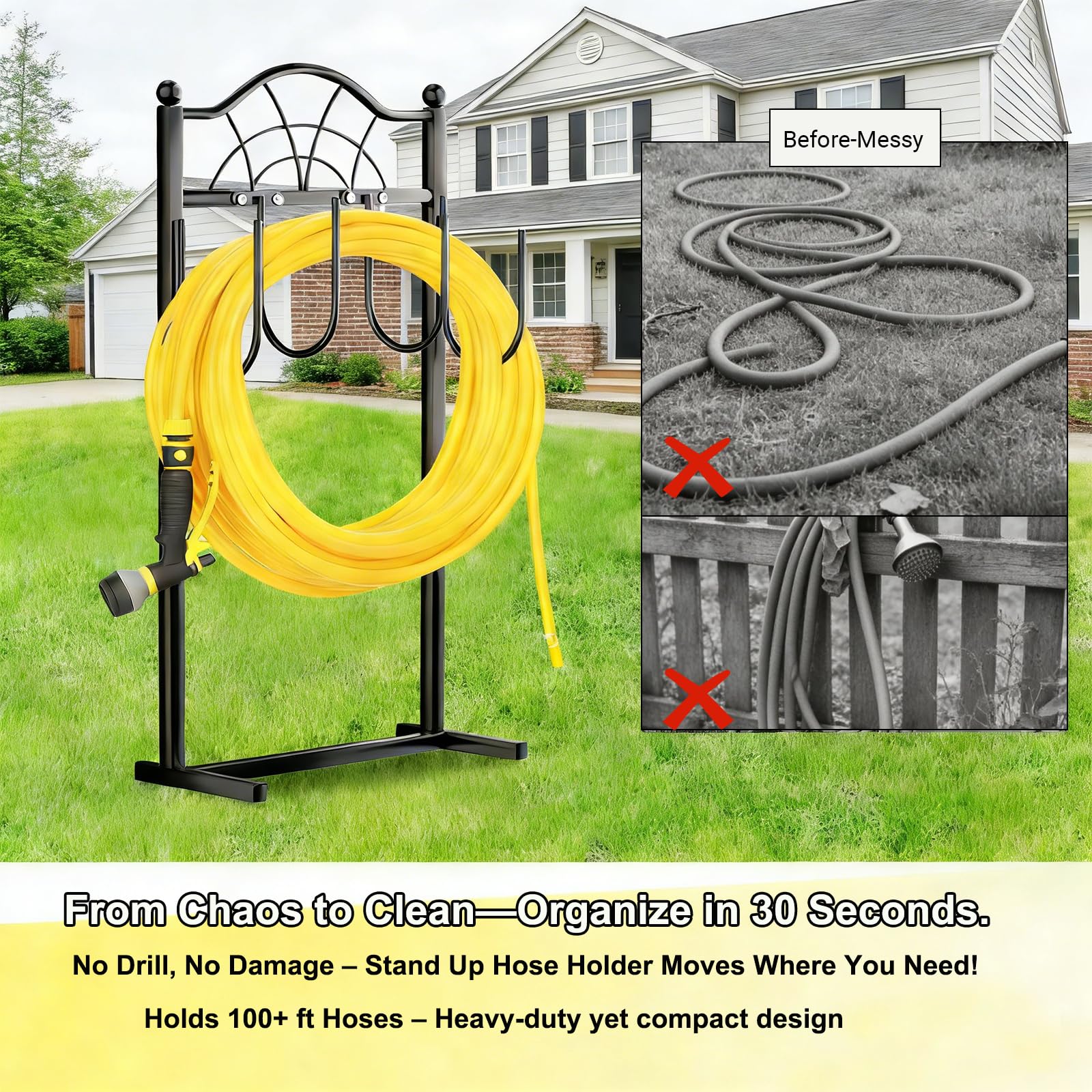 Shomextol compact footprint beside fence highlighting space-saving yard benefit