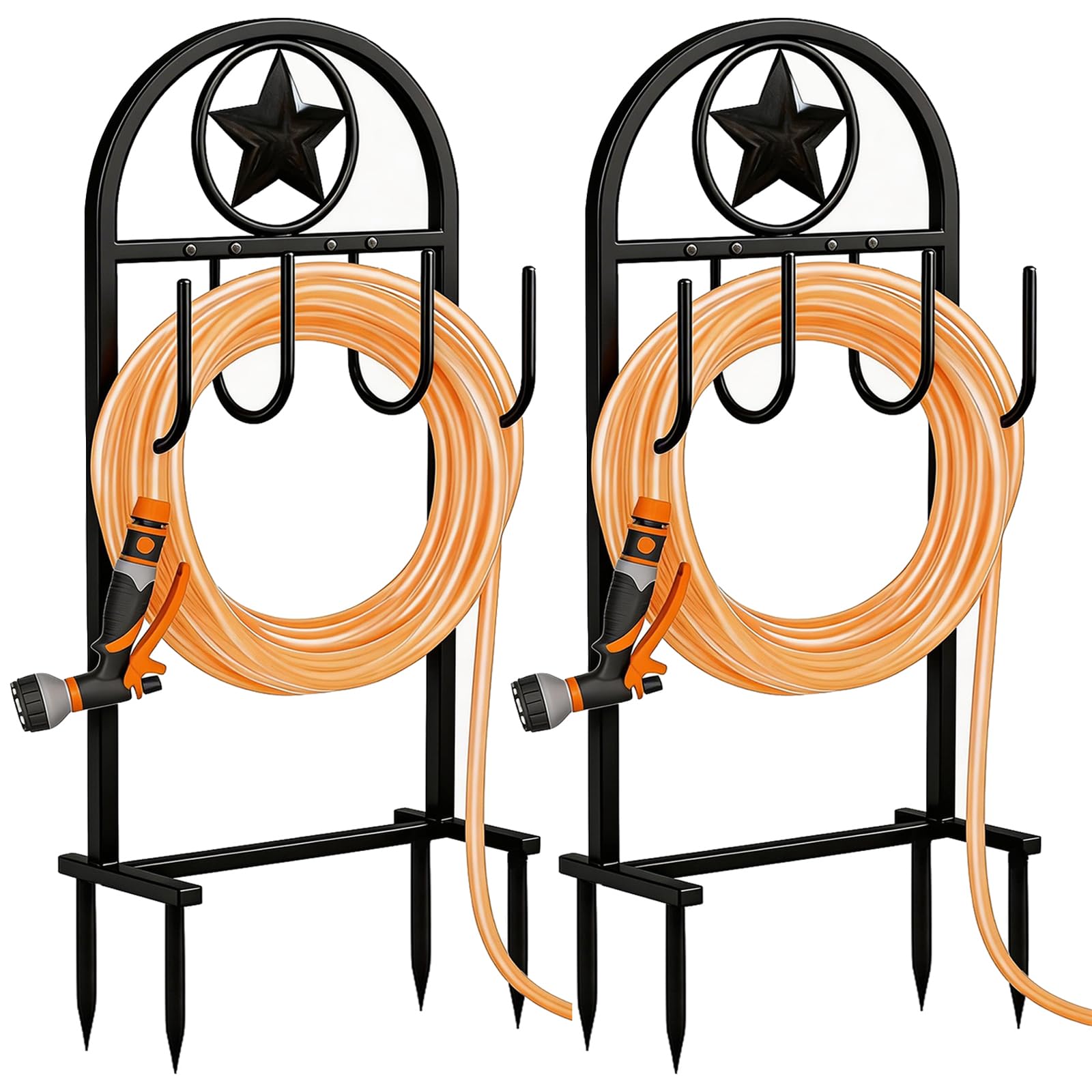 Shomextol front view of star-style hose holder showing sturdy frame and neat storage benefit