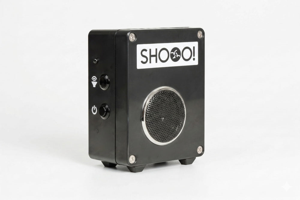 SHOOO front view mounted on roof showing quick deterrent benefit