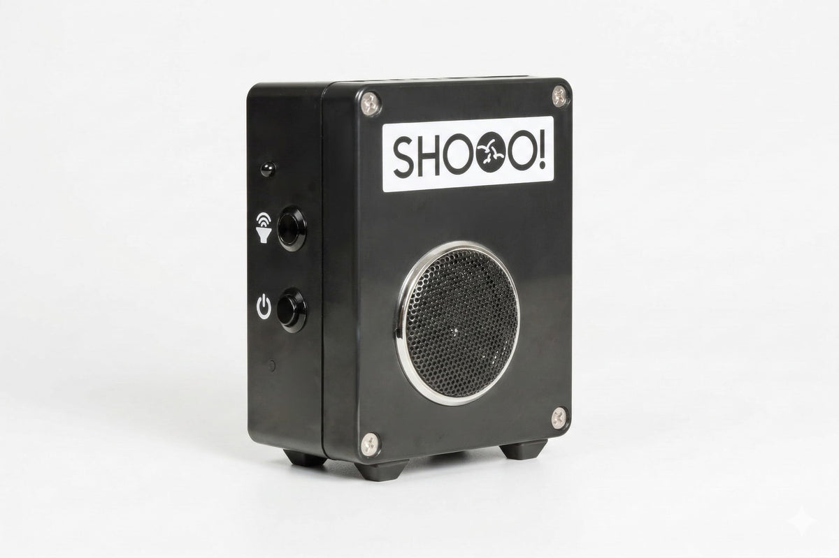 SHOOO front view mounted on roof showing quick deterrent benefit