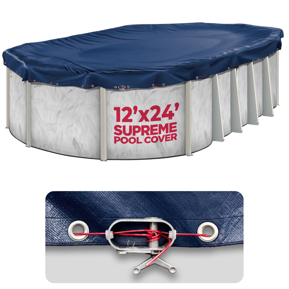 Shop Square front view of 12x24 oval cover showing complete fit and neat appearance