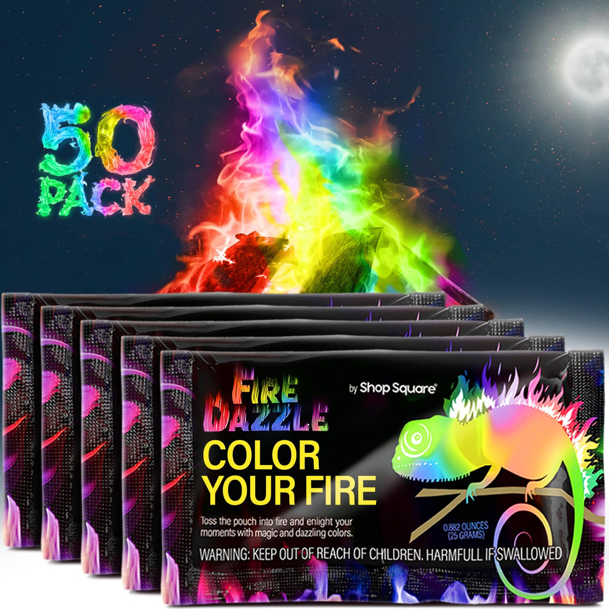 Shop Square front packaging of 50 Fire Dazzle color packets showing product benefits