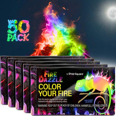 Shop Square front packaging of 50 Fire Dazzle color packets showing product benefits