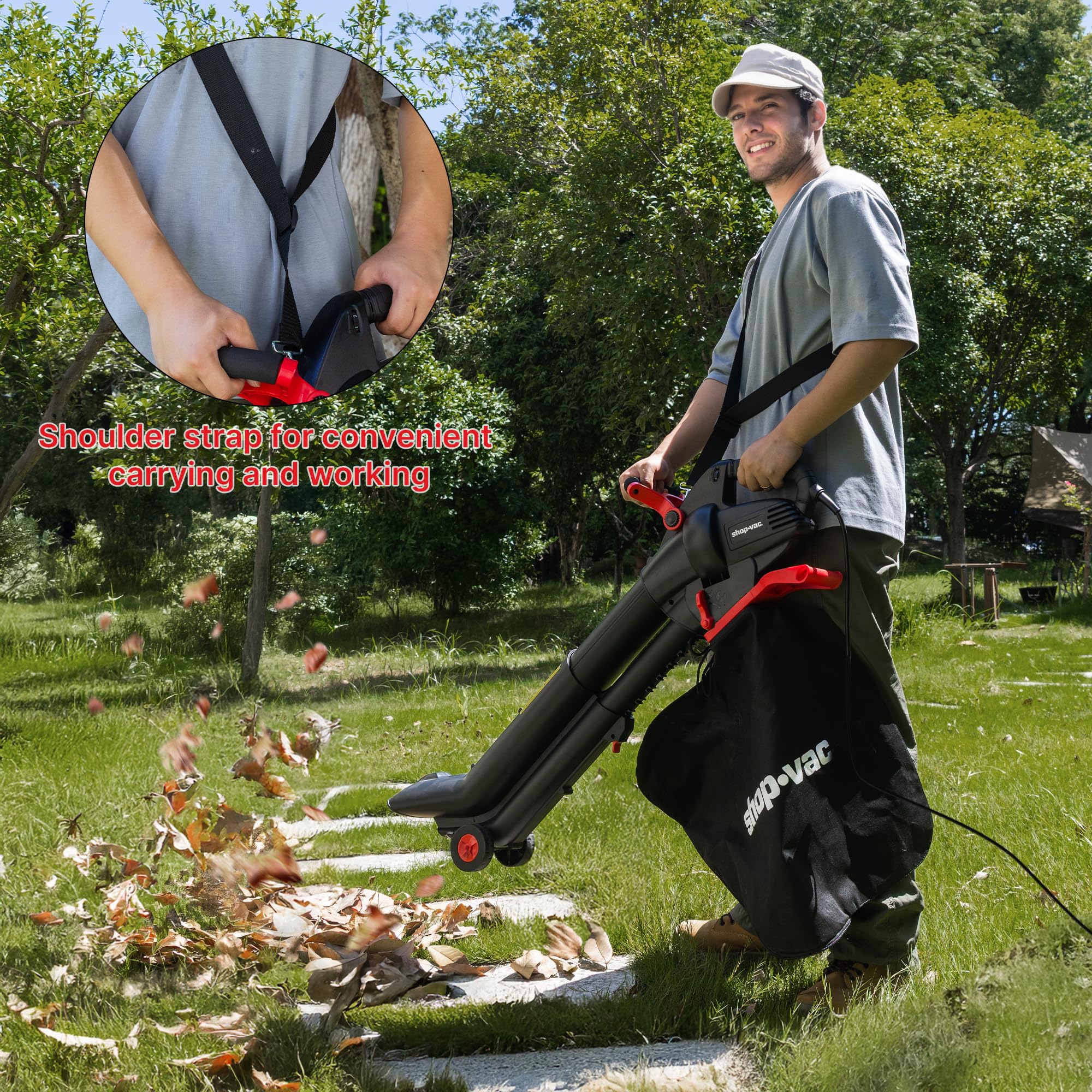 Shop-Vac padded shoulder strap in use for comfortable hands-free work