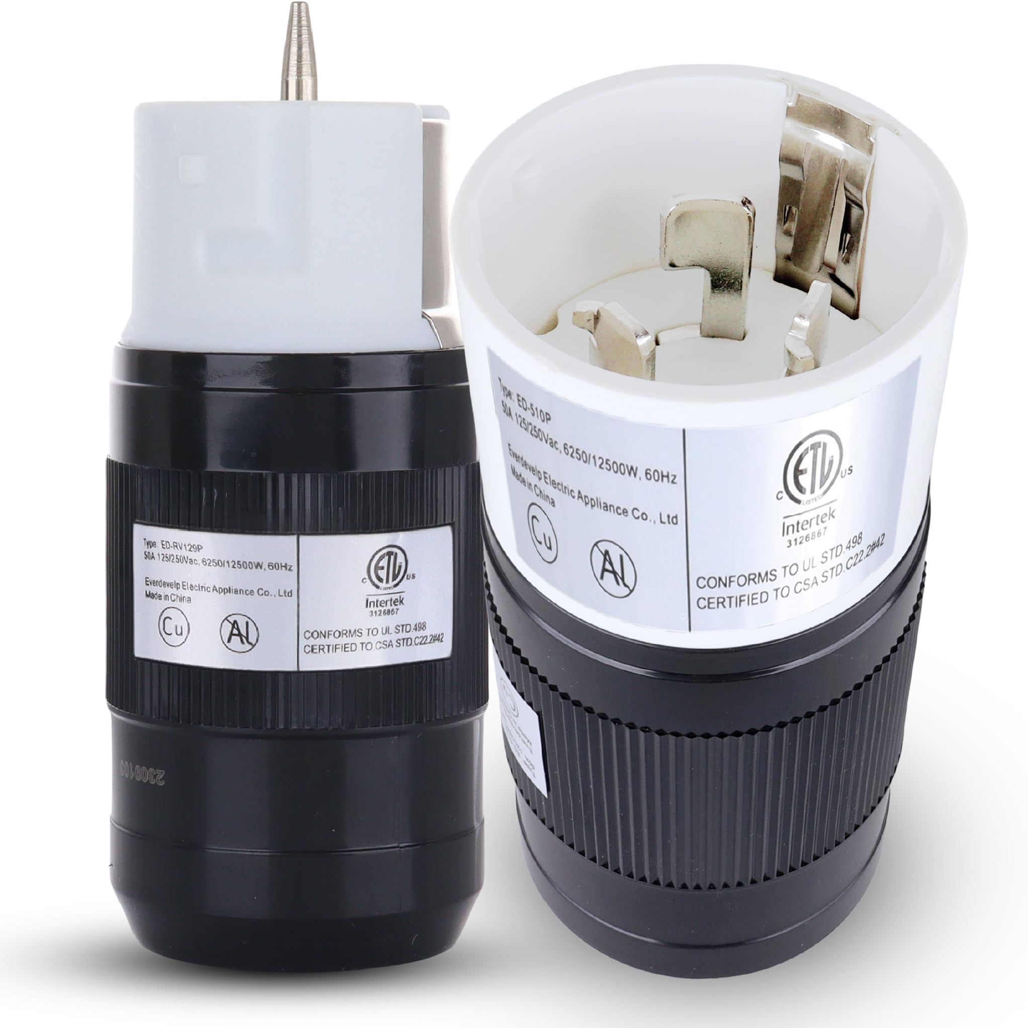 SHOPCORP front view of 50A plug showing locking feature and clear identification benefit