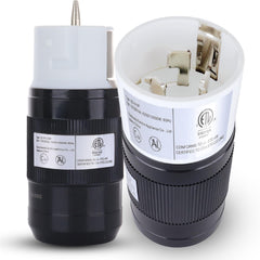 SHOPCORP front view of 50A plug showing locking feature and clear identification benefit