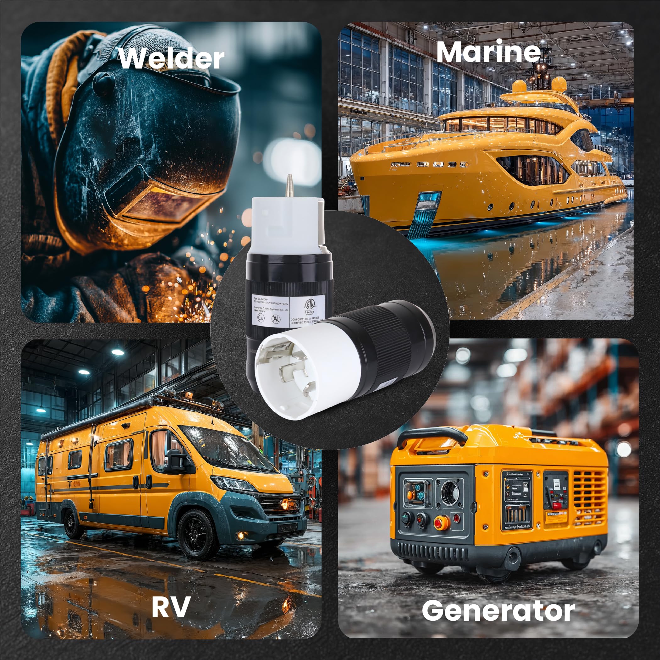 SHOPCORP plug powering an RV emphasizing dependable shore power connection
