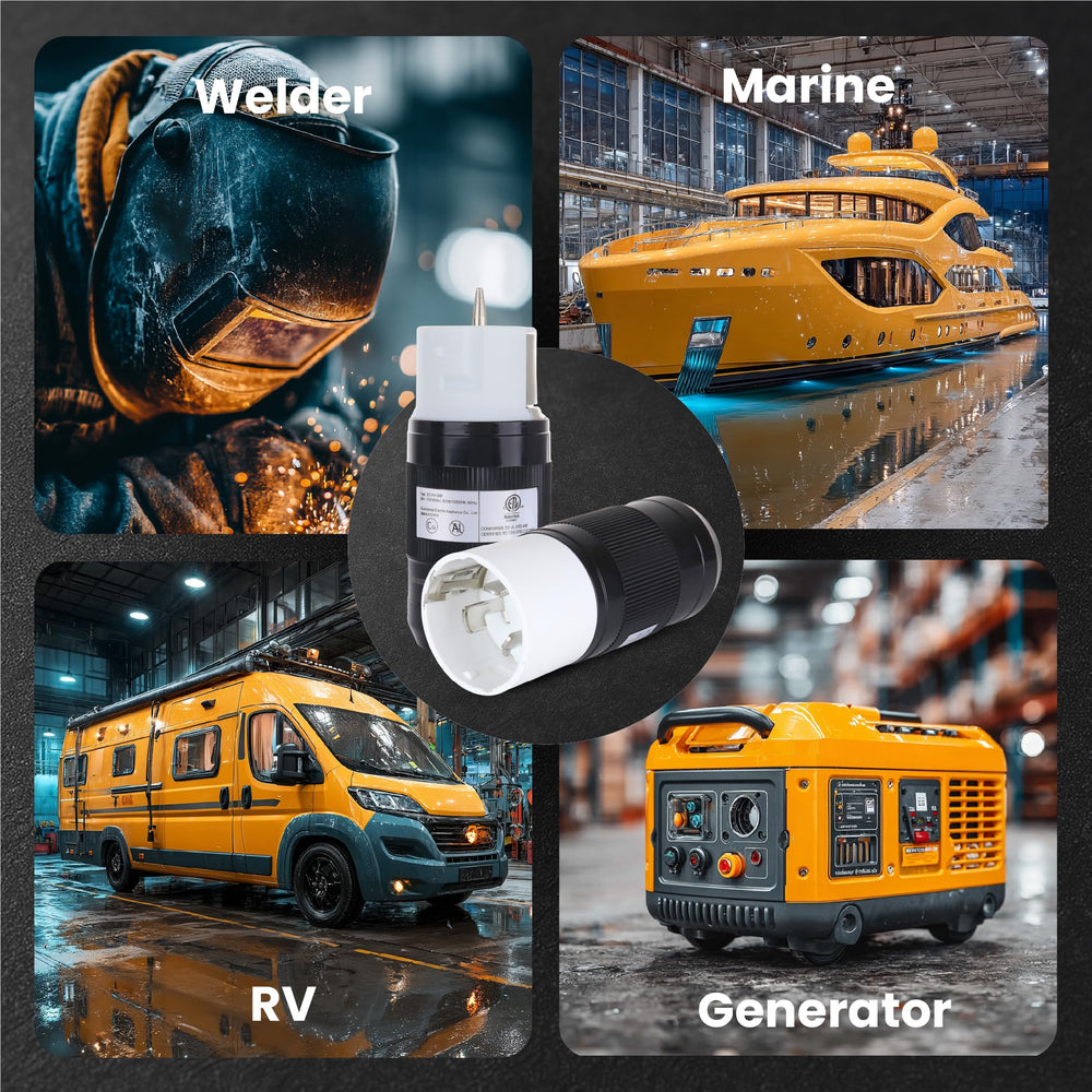 SHOPCORP plug powering an RV emphasizing dependable shore power connection
