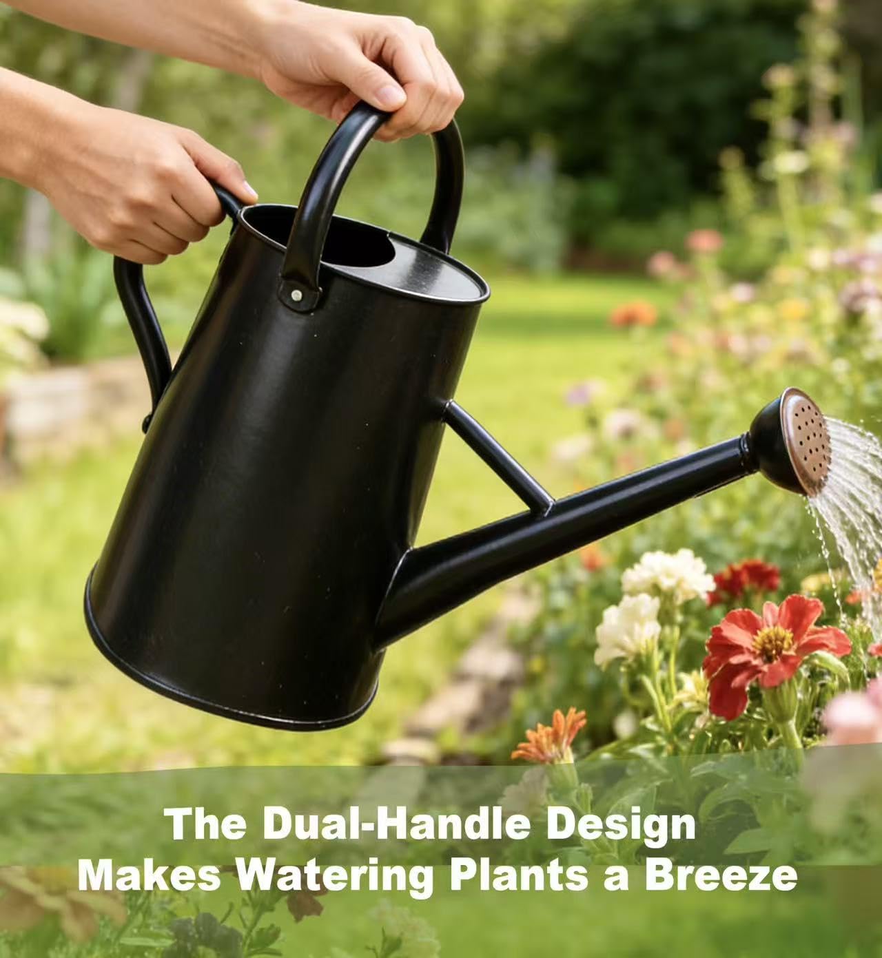 shopwithgreen watering can in use pouring water into patio pots for efficient outdoor plant care benefit