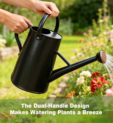shopwithgreen watering can in use pouring water into patio pots for efficient outdoor plant care benefit