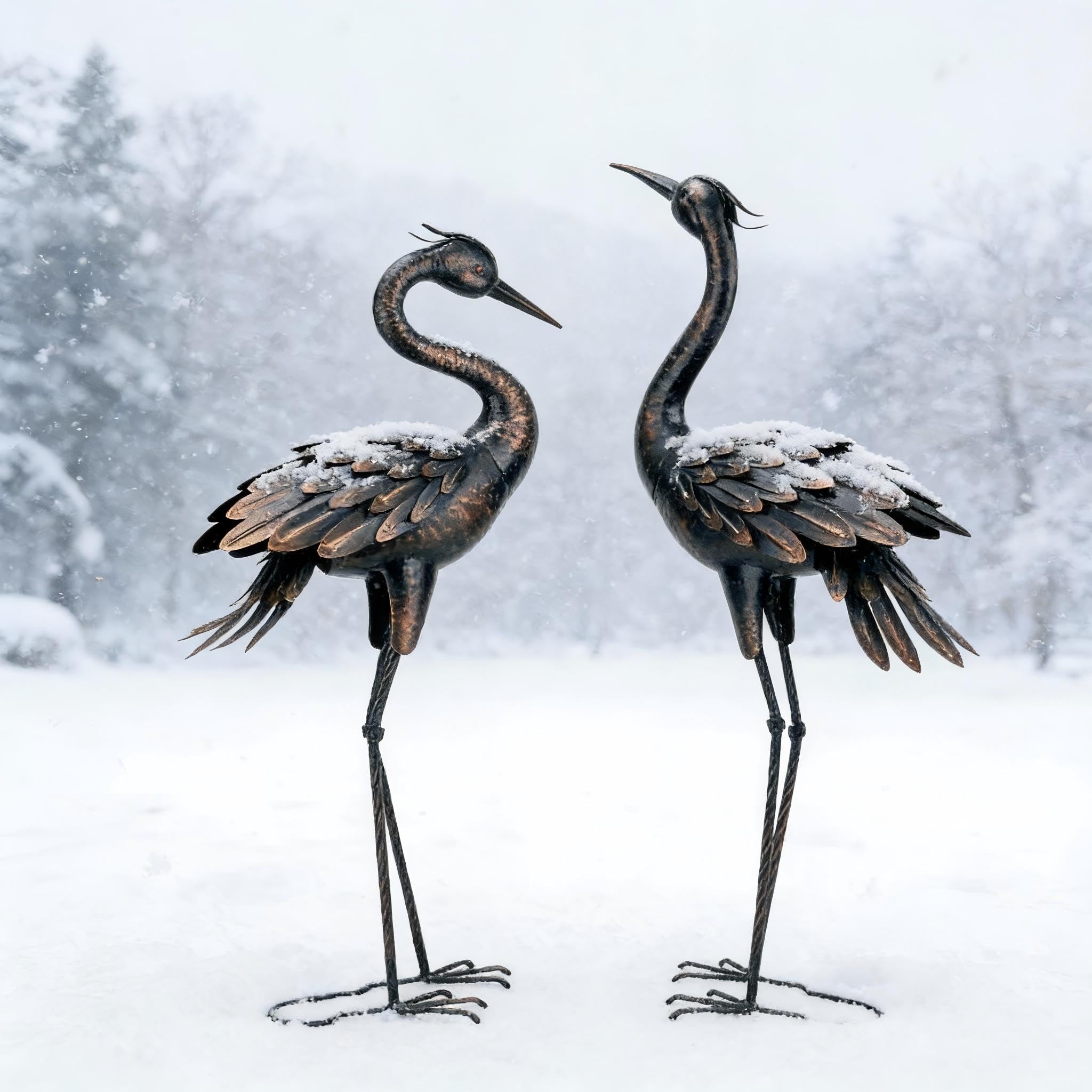 Shorayn crane placed in garden illustrating how it complements plants