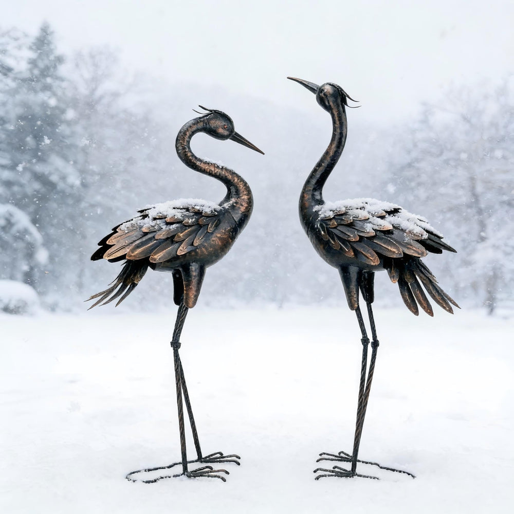 Shorayn crane placed in garden illustrating how it complements plants