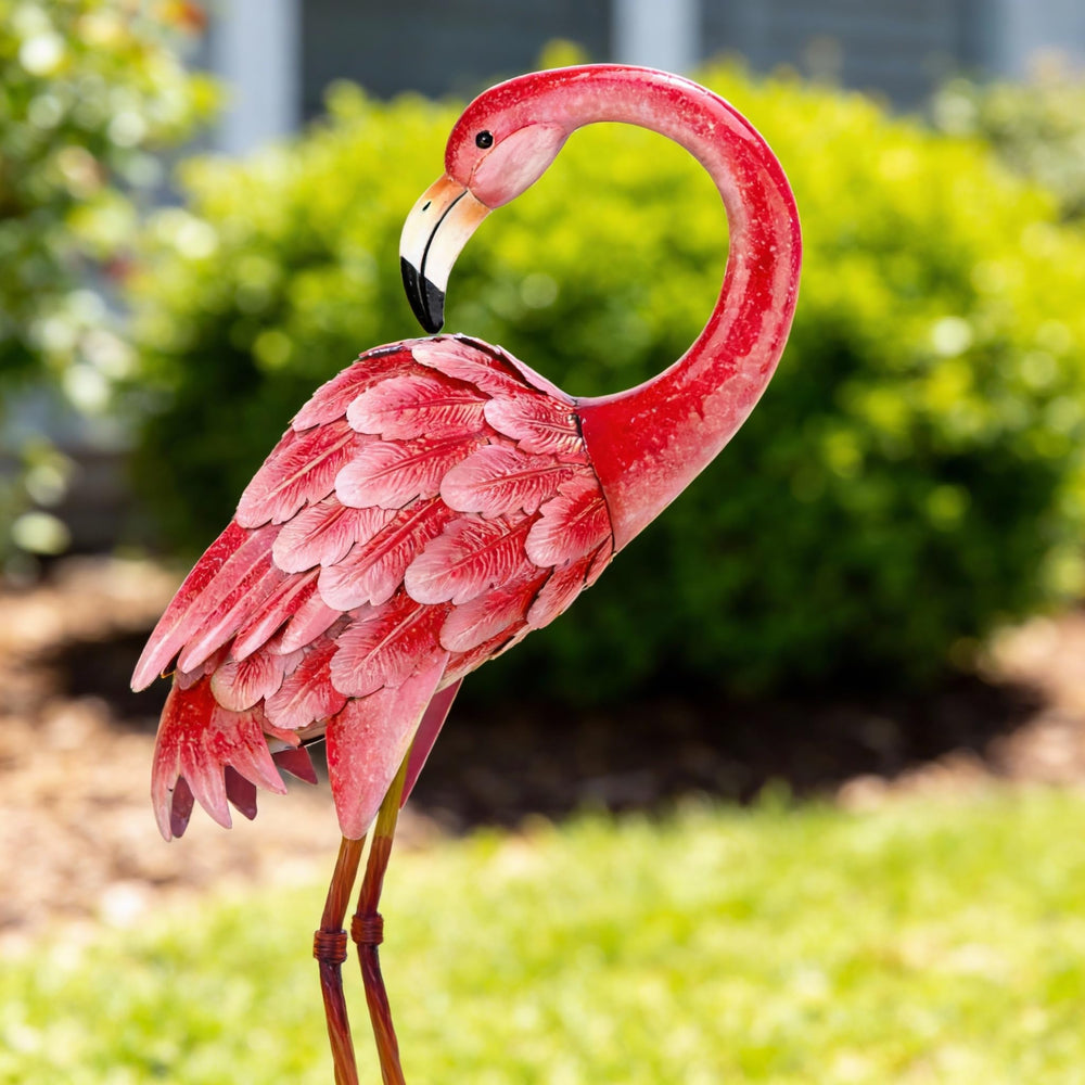 Shorayn metal flamingo front view showing bright pink finish and silhouette benefit: instant garden focal point