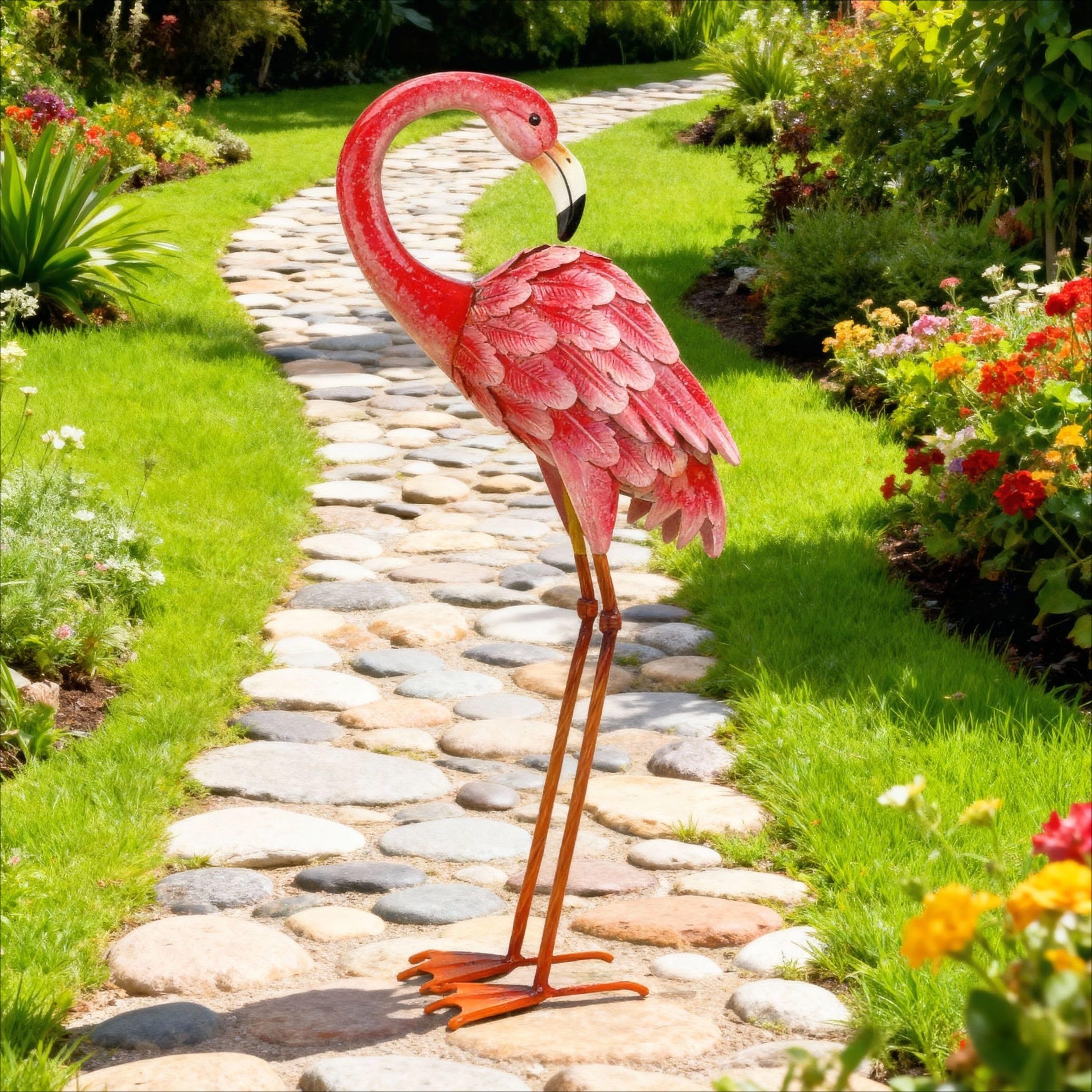 Shorayn flamingo on patio with furniture showing decor coordination and benefit: year-round visual interest