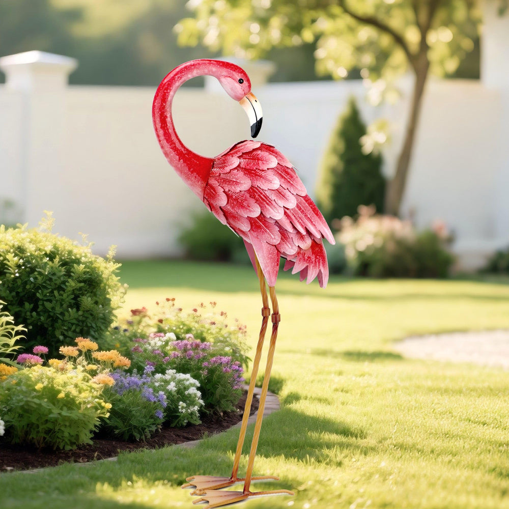 Shorayn flamingo beside ruler for scale showing exact size and benefit: fits small to medium spaces