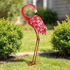 Shorayn flamingo side profile demonstrating life-size posture and benefit: natural-looking yard accent