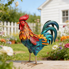 Shorayn metal rooster front view showing vivid colors and charm