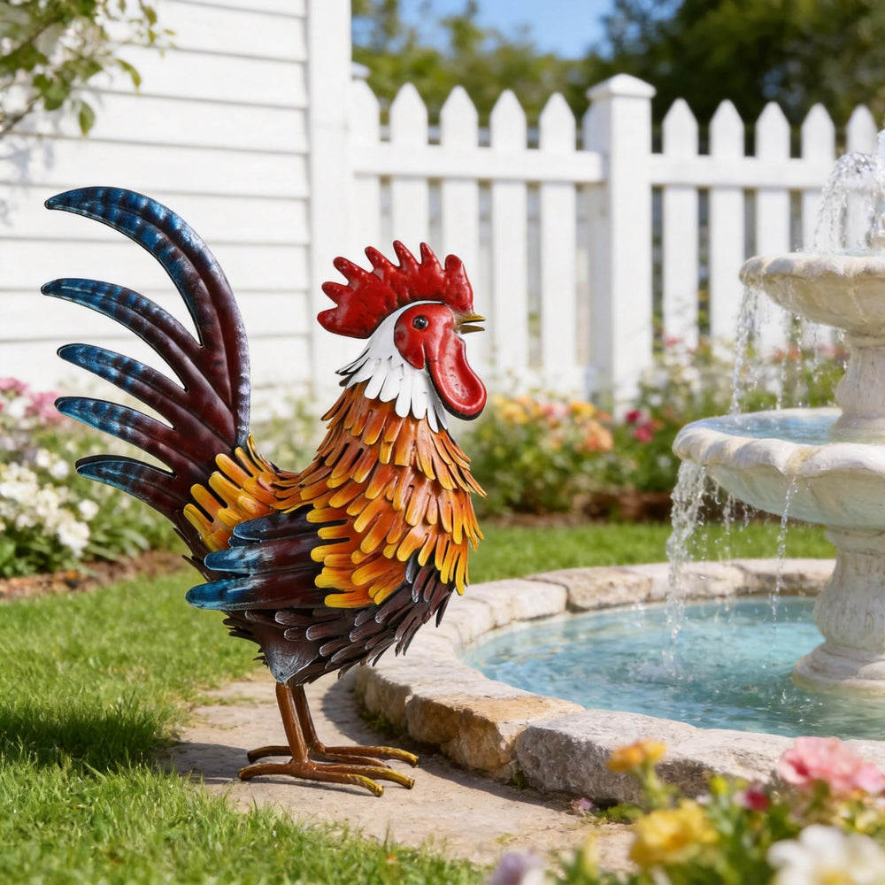 Shorayn rooster back view showing protective finish and rust-resistant coating