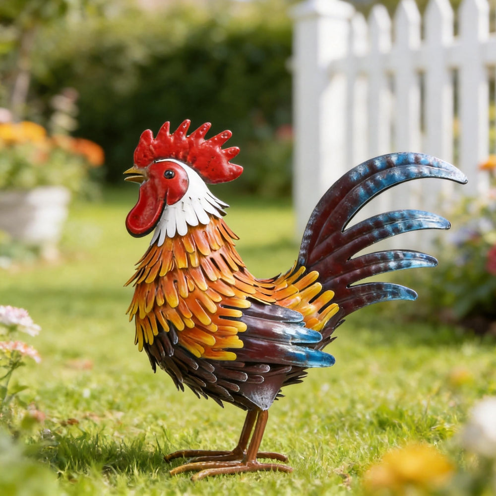 Shorayn front view of rooster statue showing colorful painted finish and curb appeal