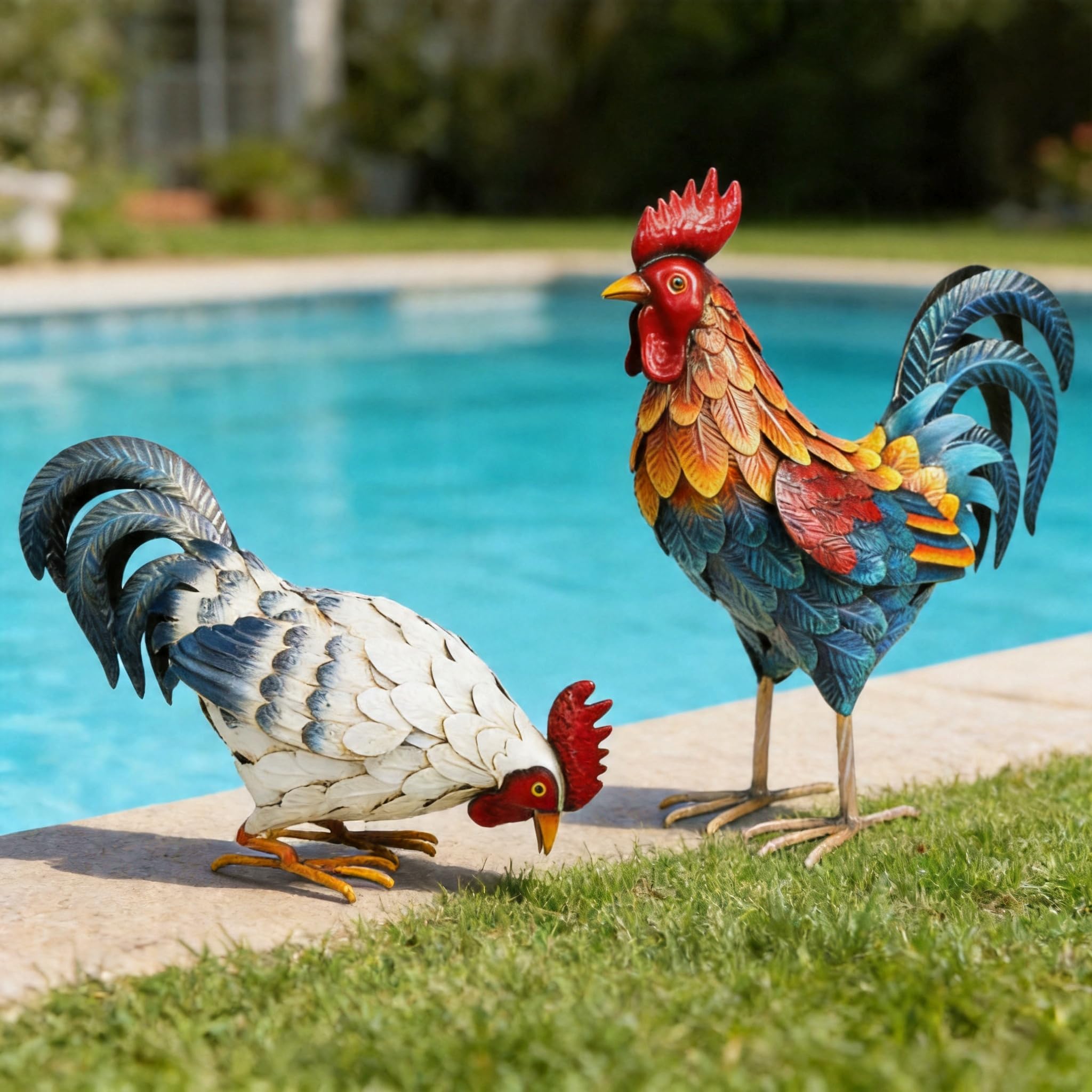 Shorayn rooster pair staged by flowerbed to brighten garden area