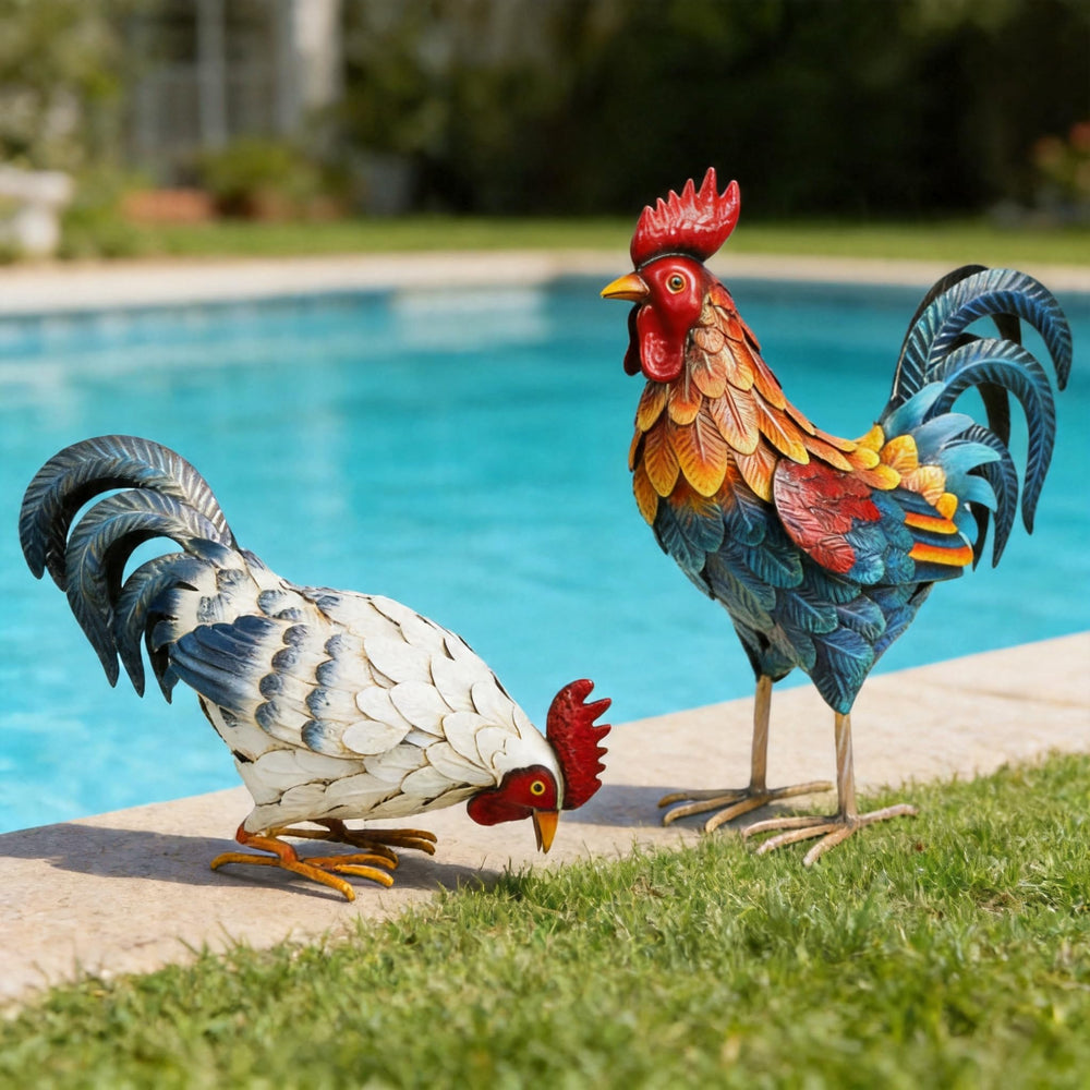 Shorayn rooster pair staged by flowerbed to brighten garden area