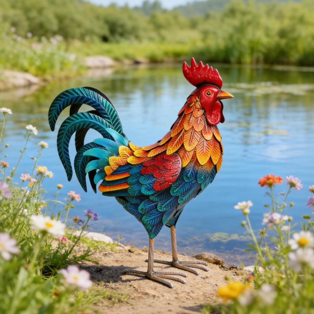 Shorayn rooster placed in garden bed brightening plants and paths