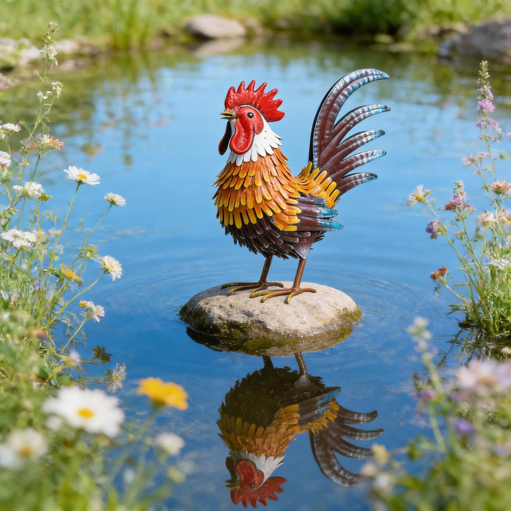 Shorayn rooster placed in garden bed adding bright focal point and plant contrast