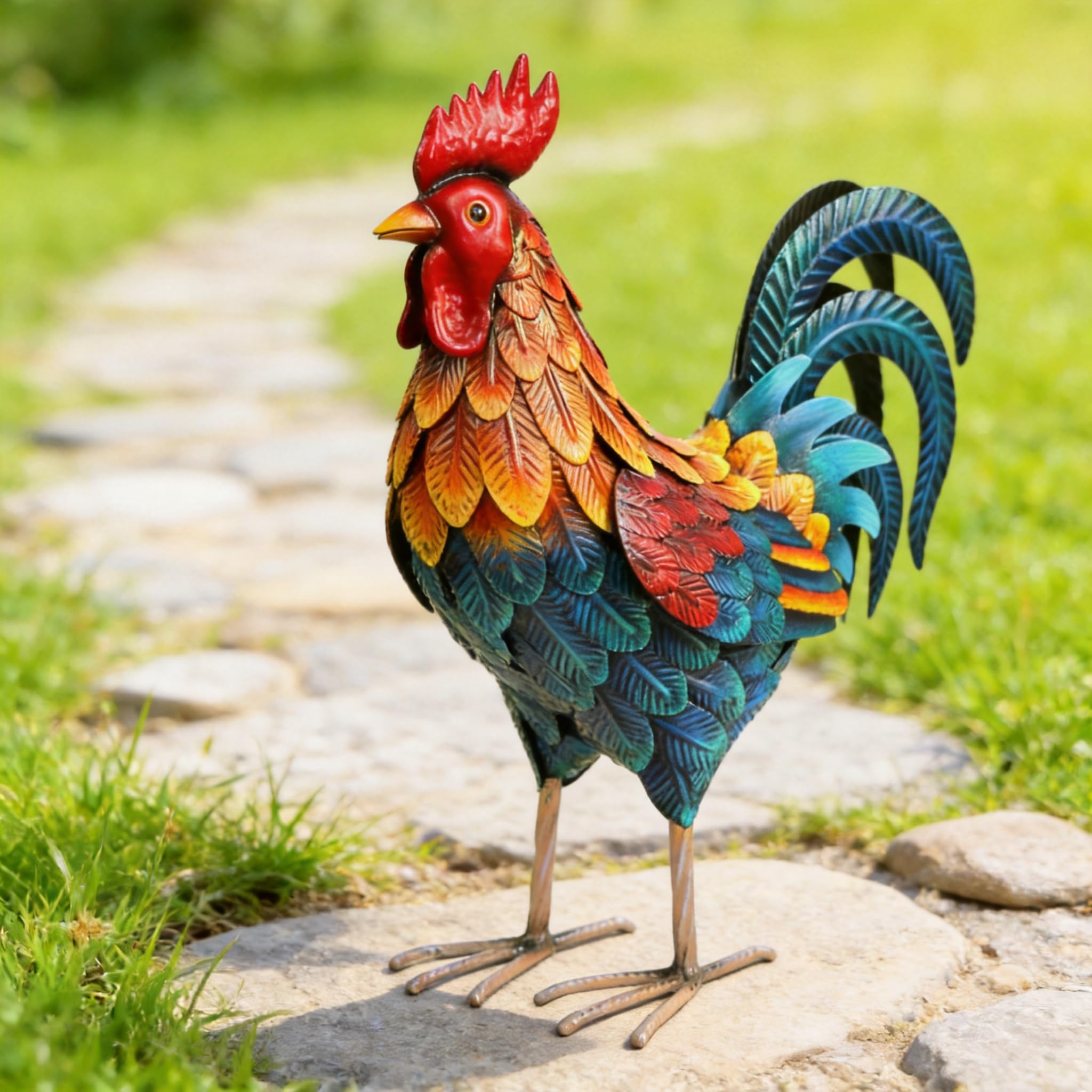 Shorayn rooster staged indoors as kitchen decor for rustic warmth