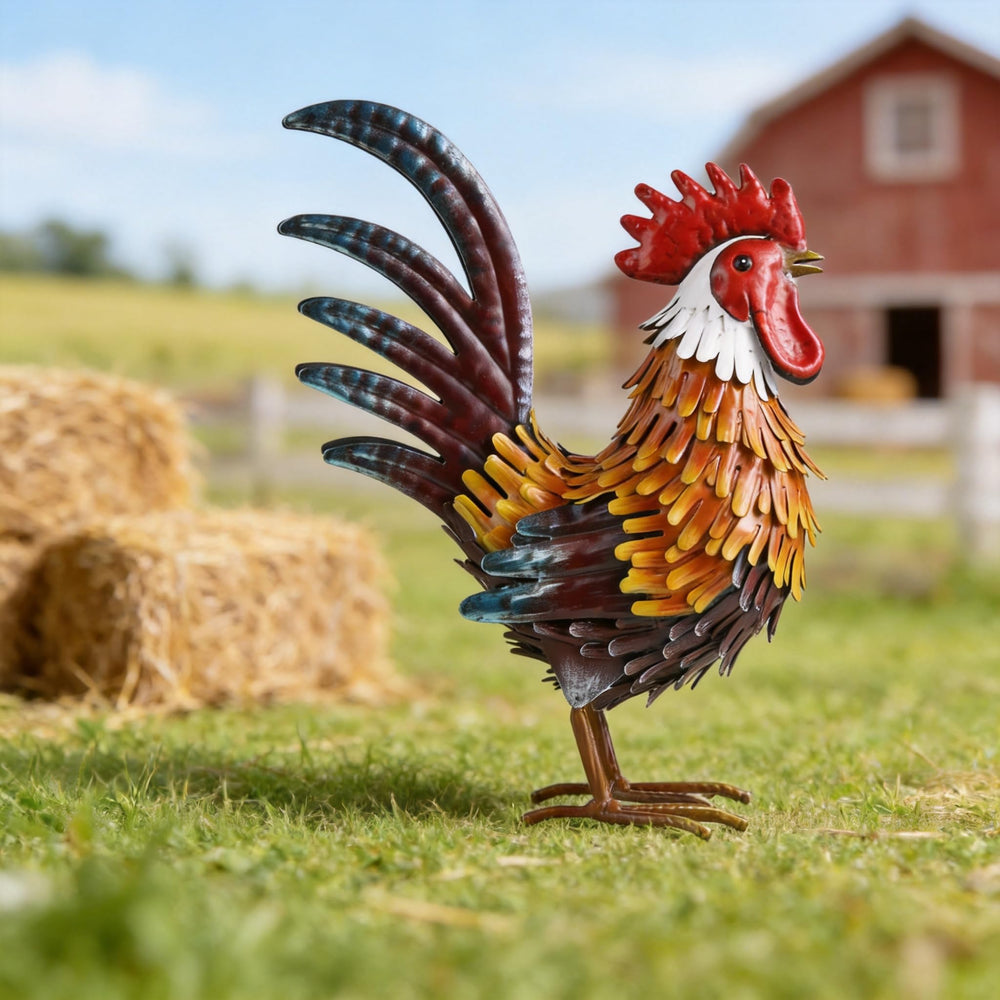 Shorayn rooster staged on patio bringing playful charm and weather-ready style