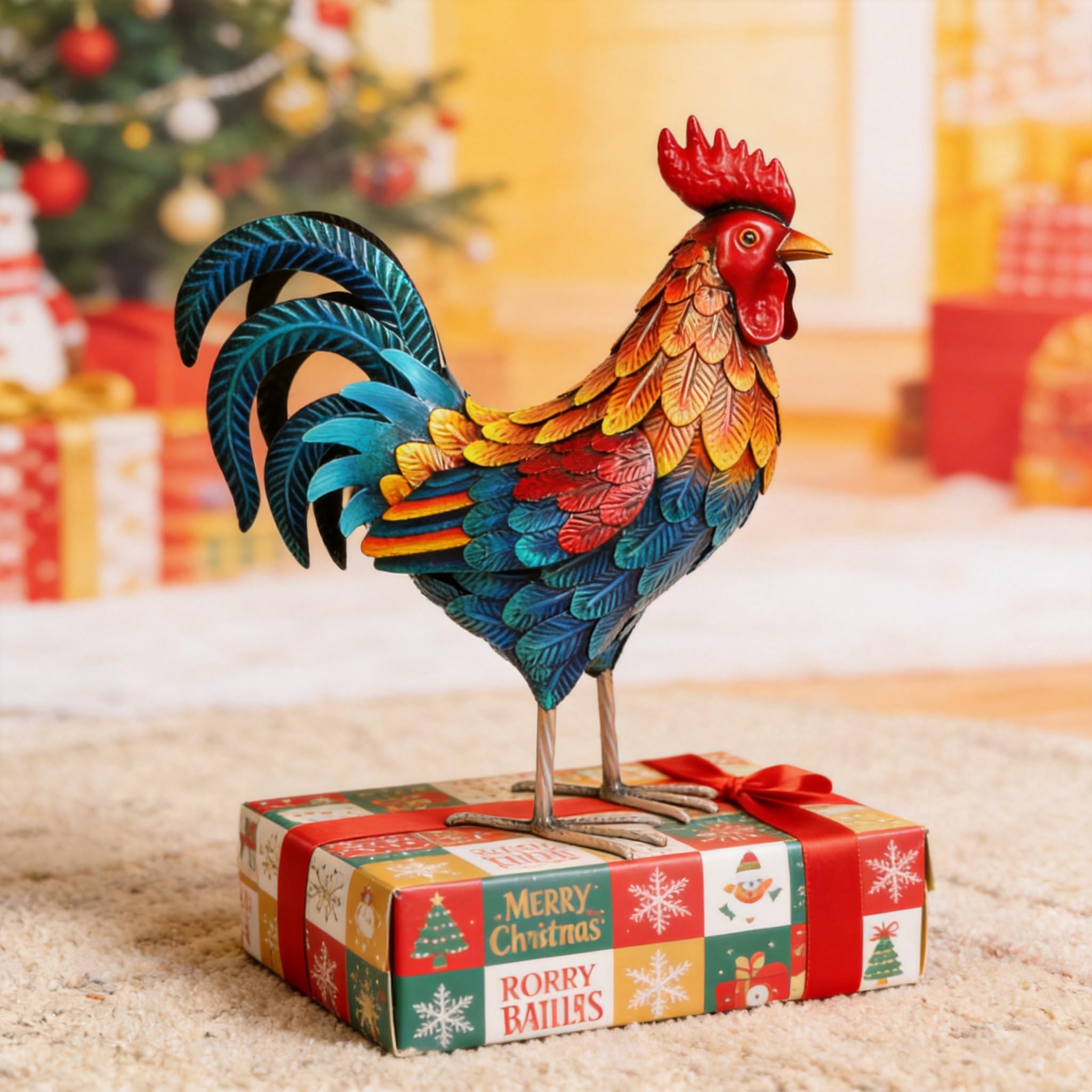 Shorayn rooster displayed on patio adding instant decorative interest
