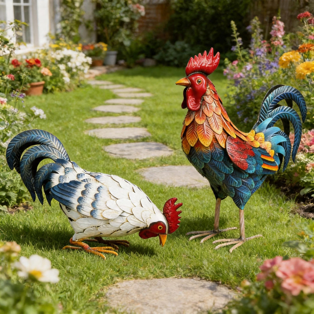 Shorayn roosters on patio complementing outdoor furniture and style