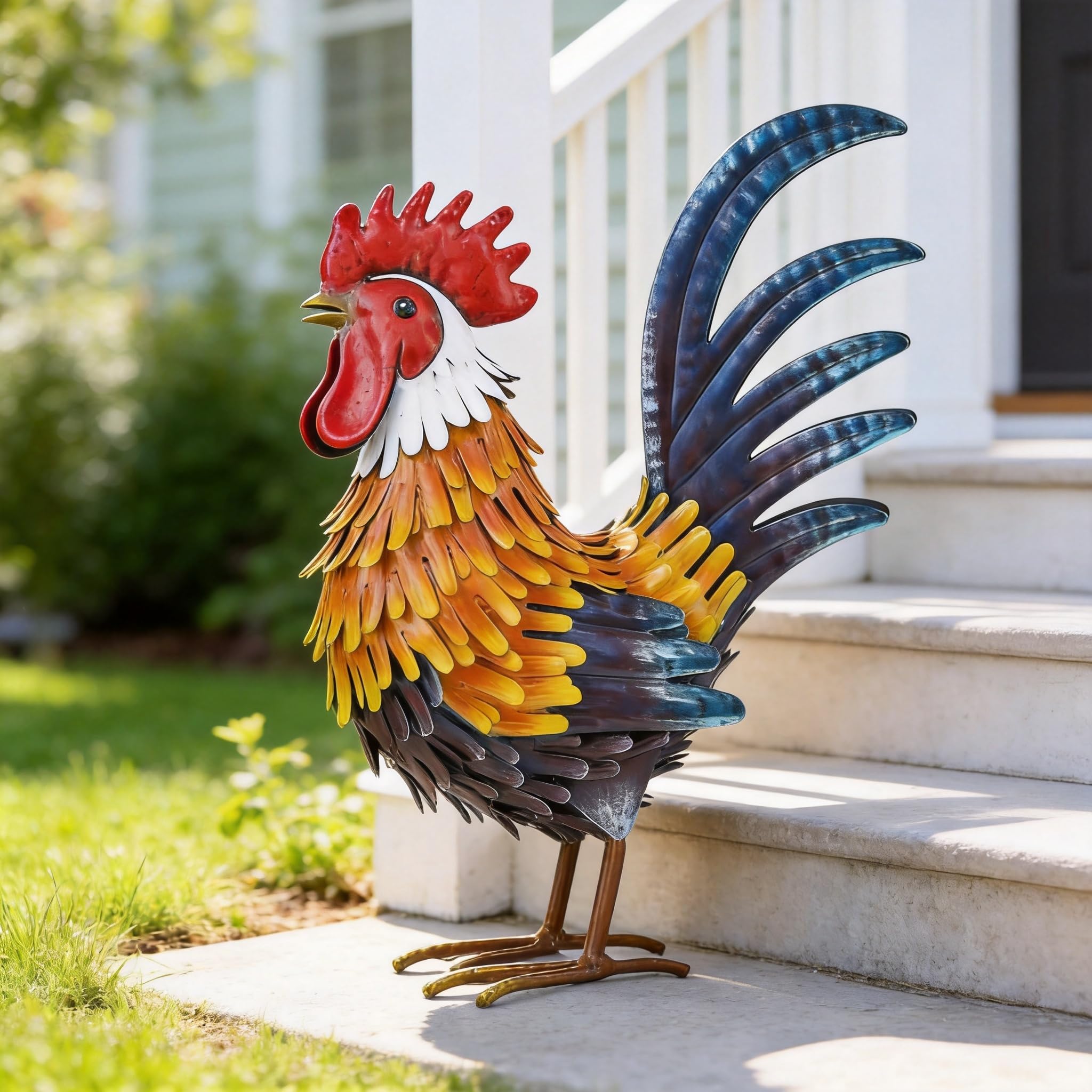 Shorayn rooster beside plant pot illustrating scale and easy placement benefit