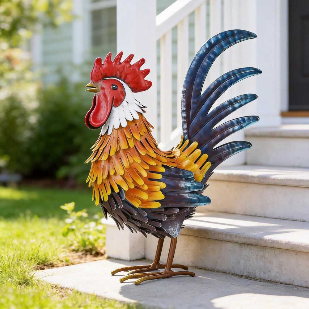 Shorayn rooster beside plant pot illustrating scale and easy placement benefit