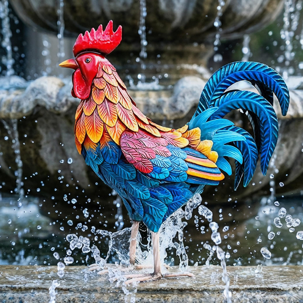Shorayn rooster next to planter showing compact size and scale
