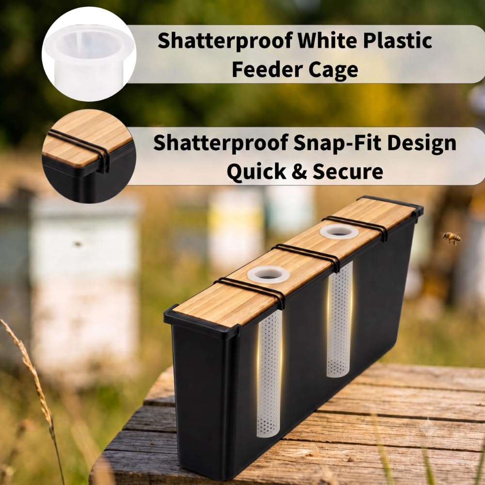 ShouRong feeder beside hive frame for scale to confirm two-frame footprint benefit