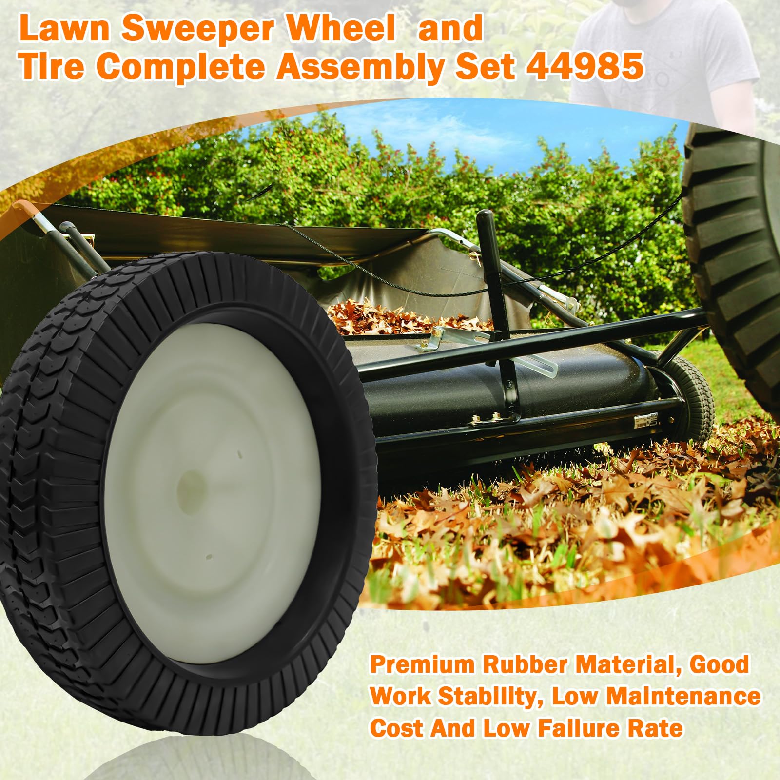 showingo wheel installed on lawn sweeper demonstrating improved stability