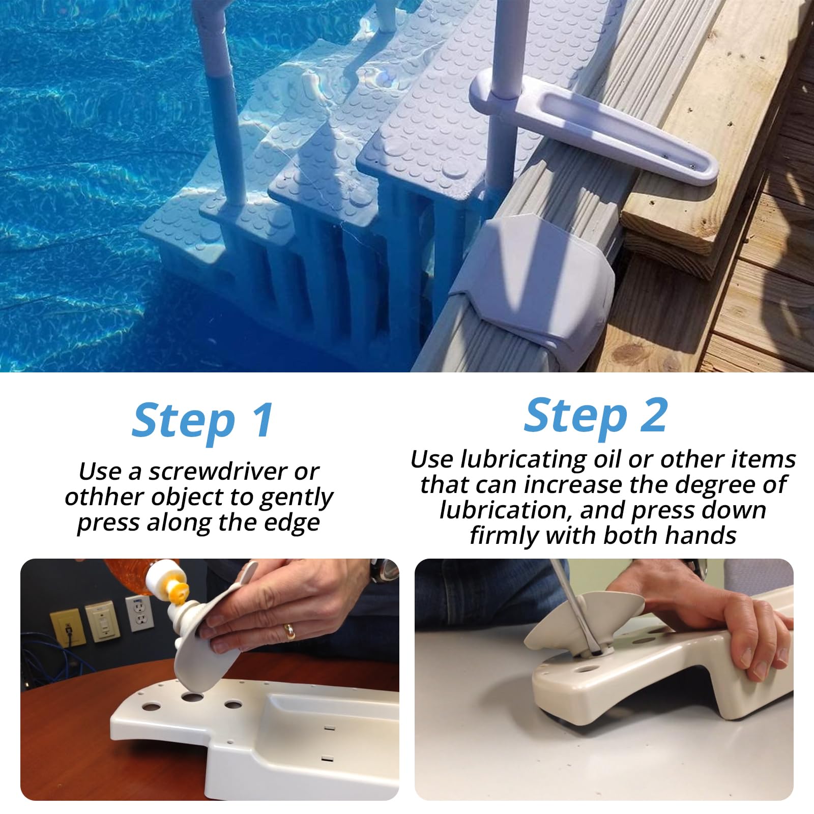 showingo backyard pool steps with cups installed showing cleaner, safer look