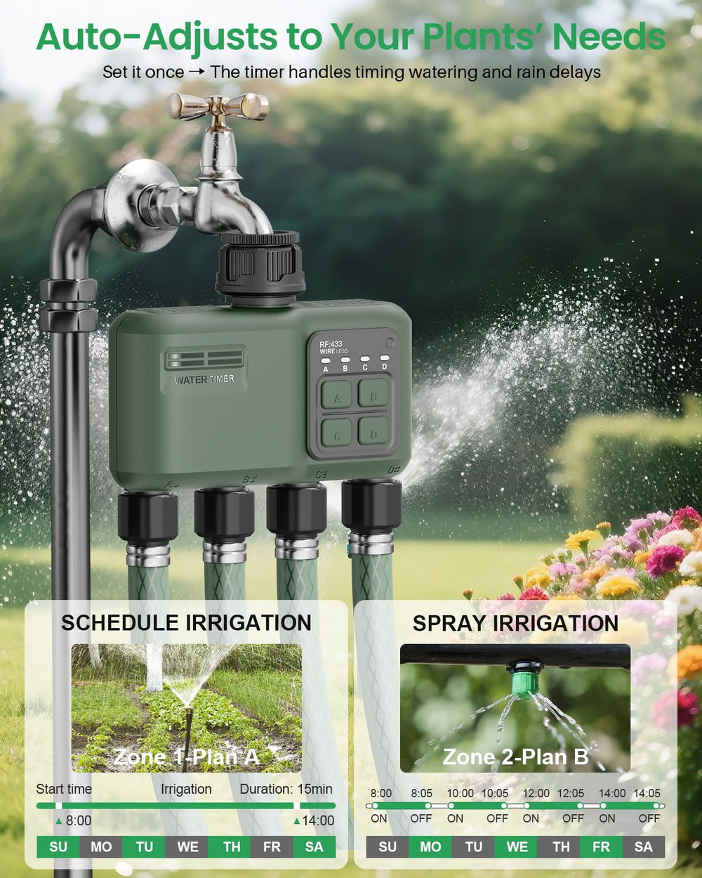 Shrivee timer installed on a garden hose showing quick setup and outdoor use