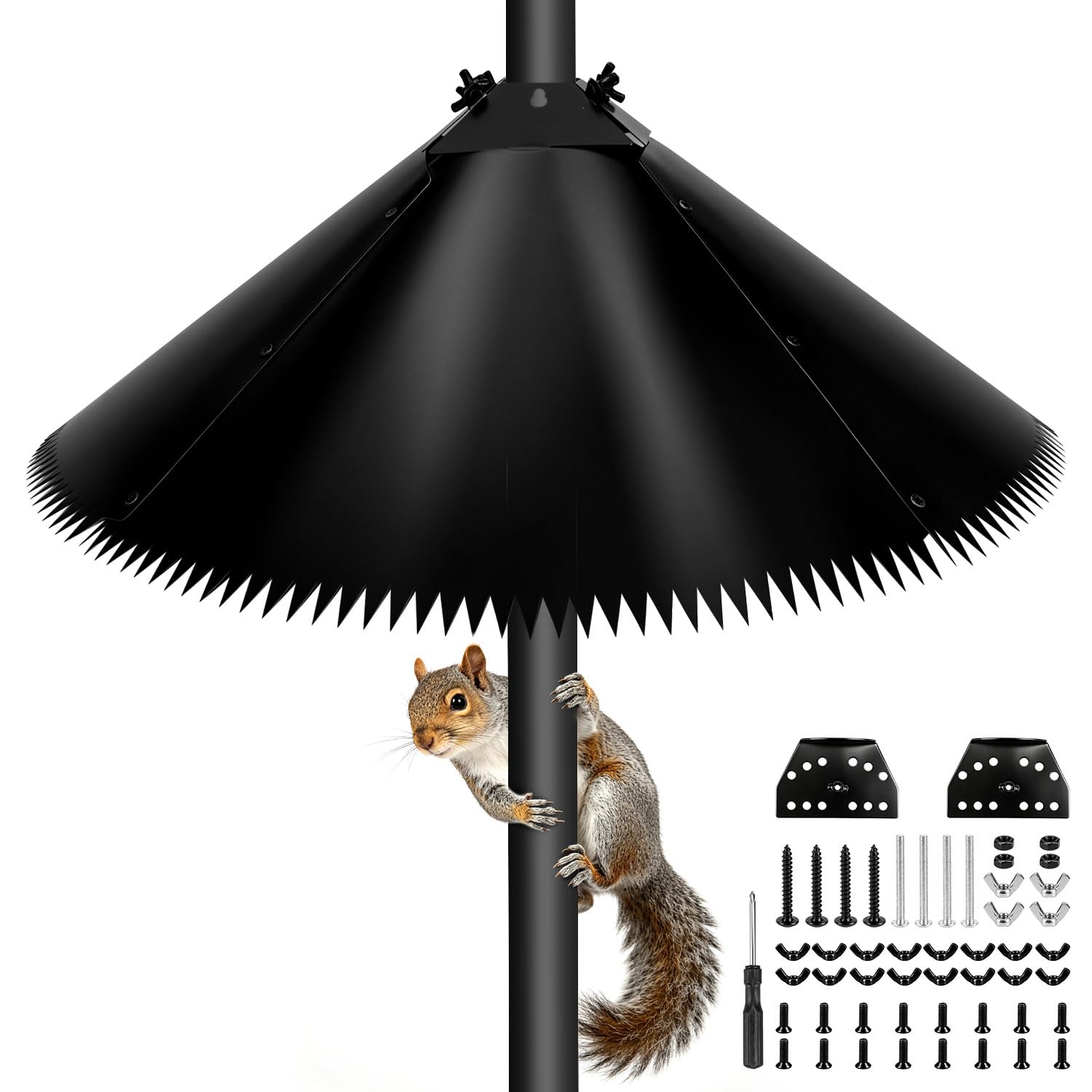 SHTALHST front view installed on shepherd’s hook shows effective bird feeder protection