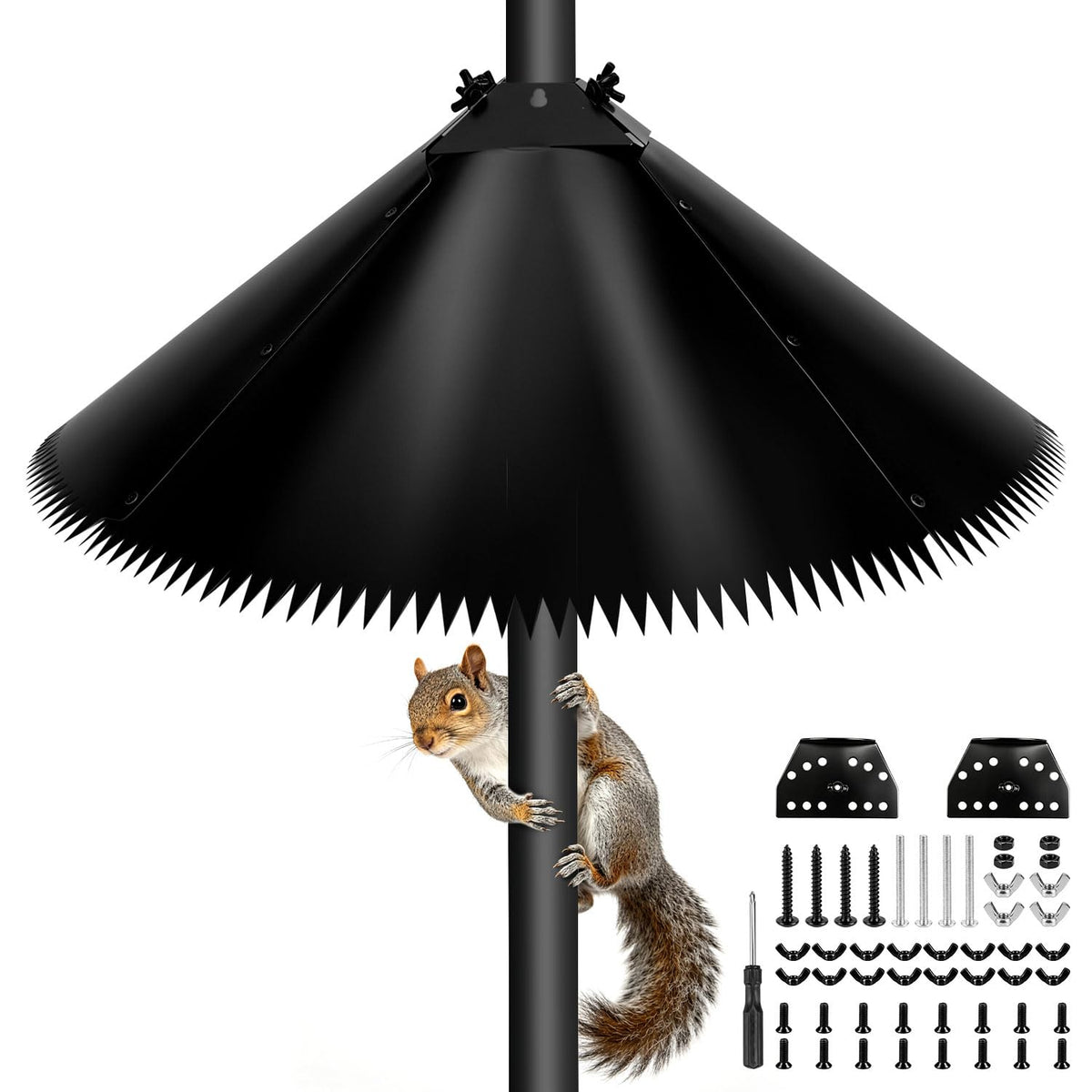 SHTALHST front view installed on shepherd’s hook shows effective bird feeder protection