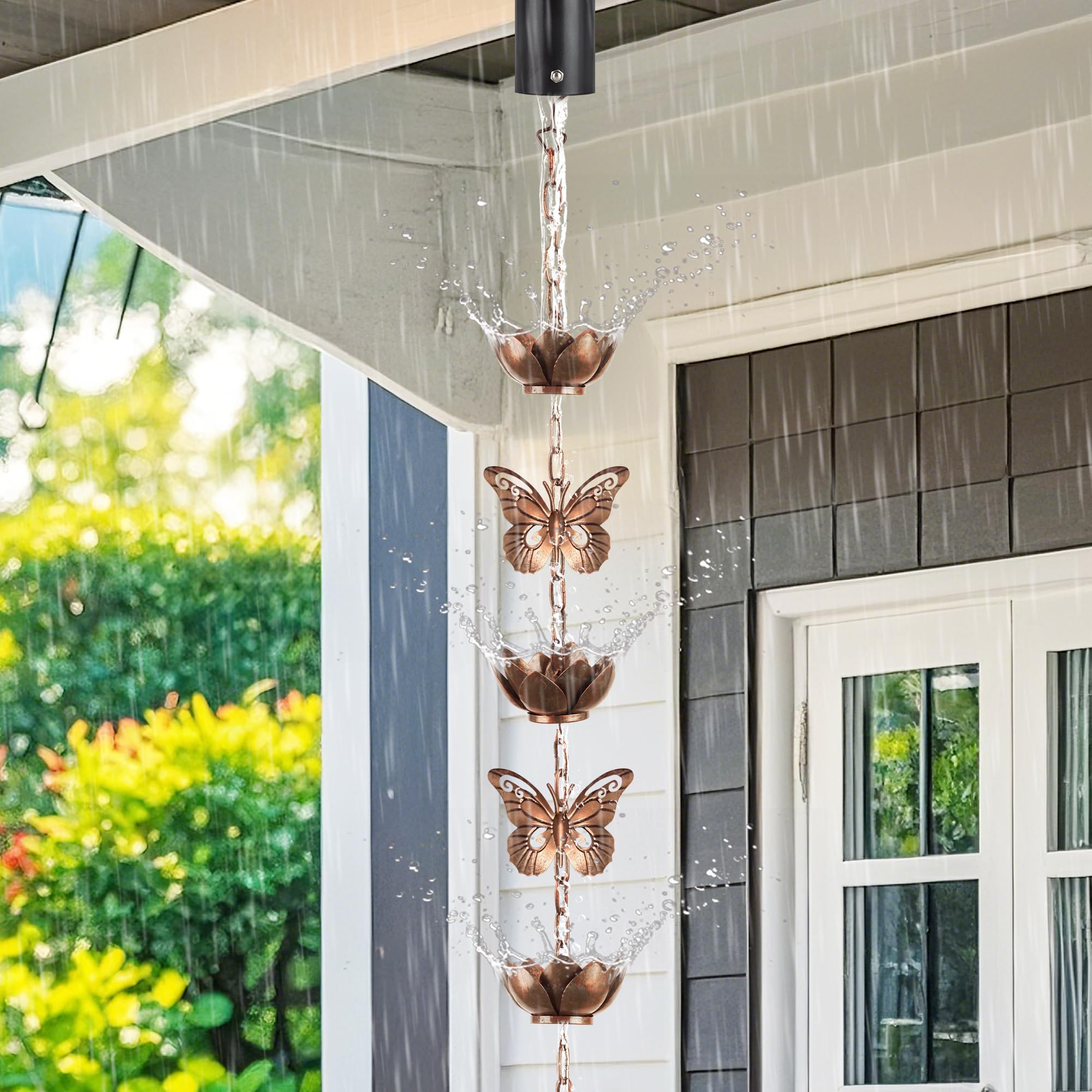 shumi installed on a patio downspout showing aesthetic upgrade benefit improves outdoor ambiance