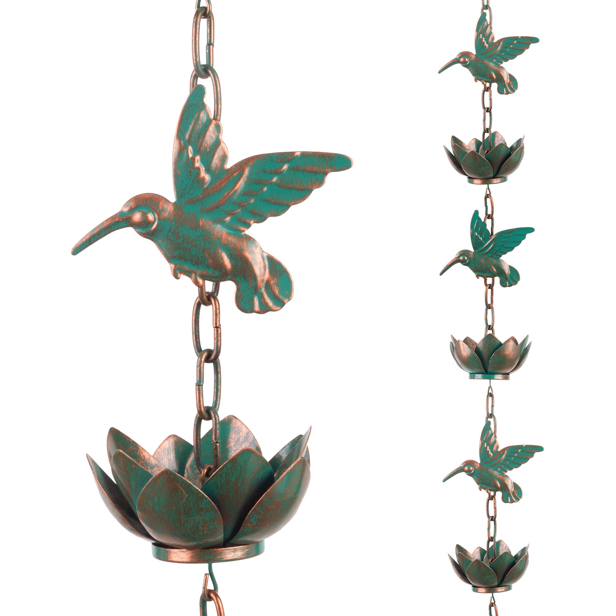 shumi lotus rain chain front view showing decorative cups and flow benefit