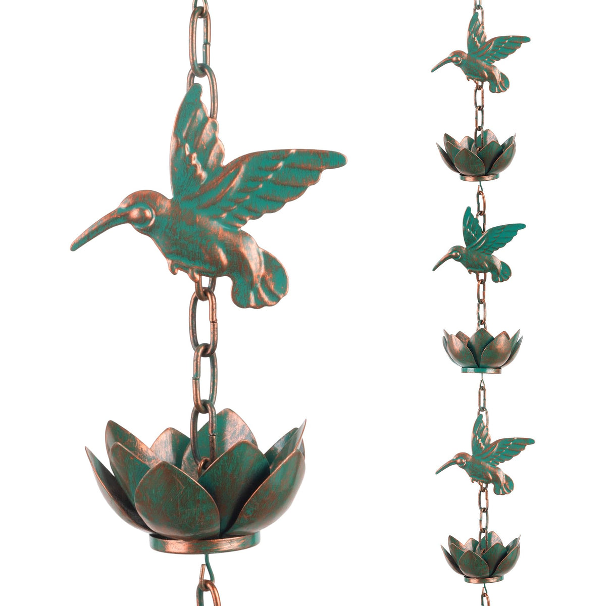 shumi lotus rain chain front view showing decorative cups and flow benefit