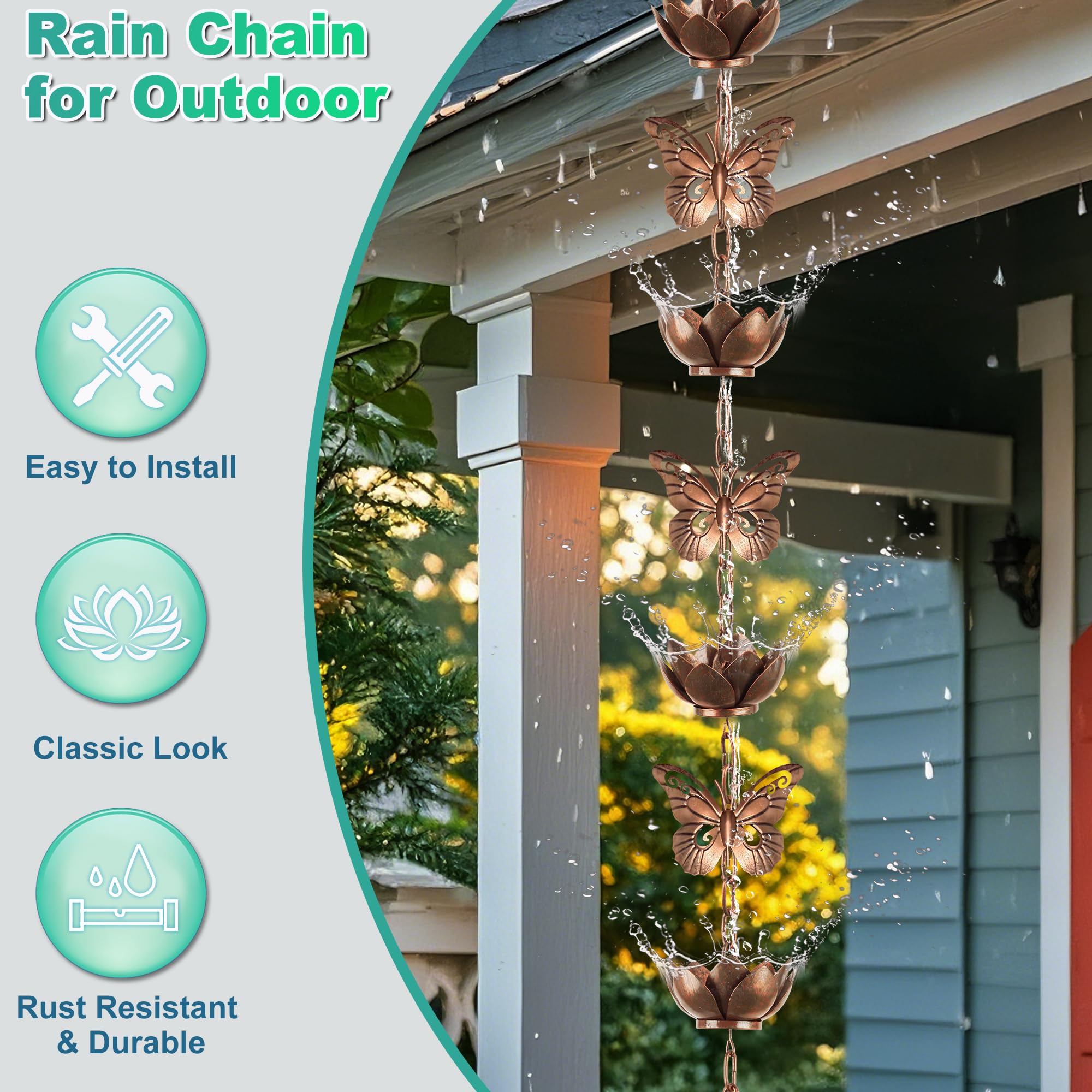 shumi rain chain channeling water during rain showing flow control benefit reduces splash and erosion