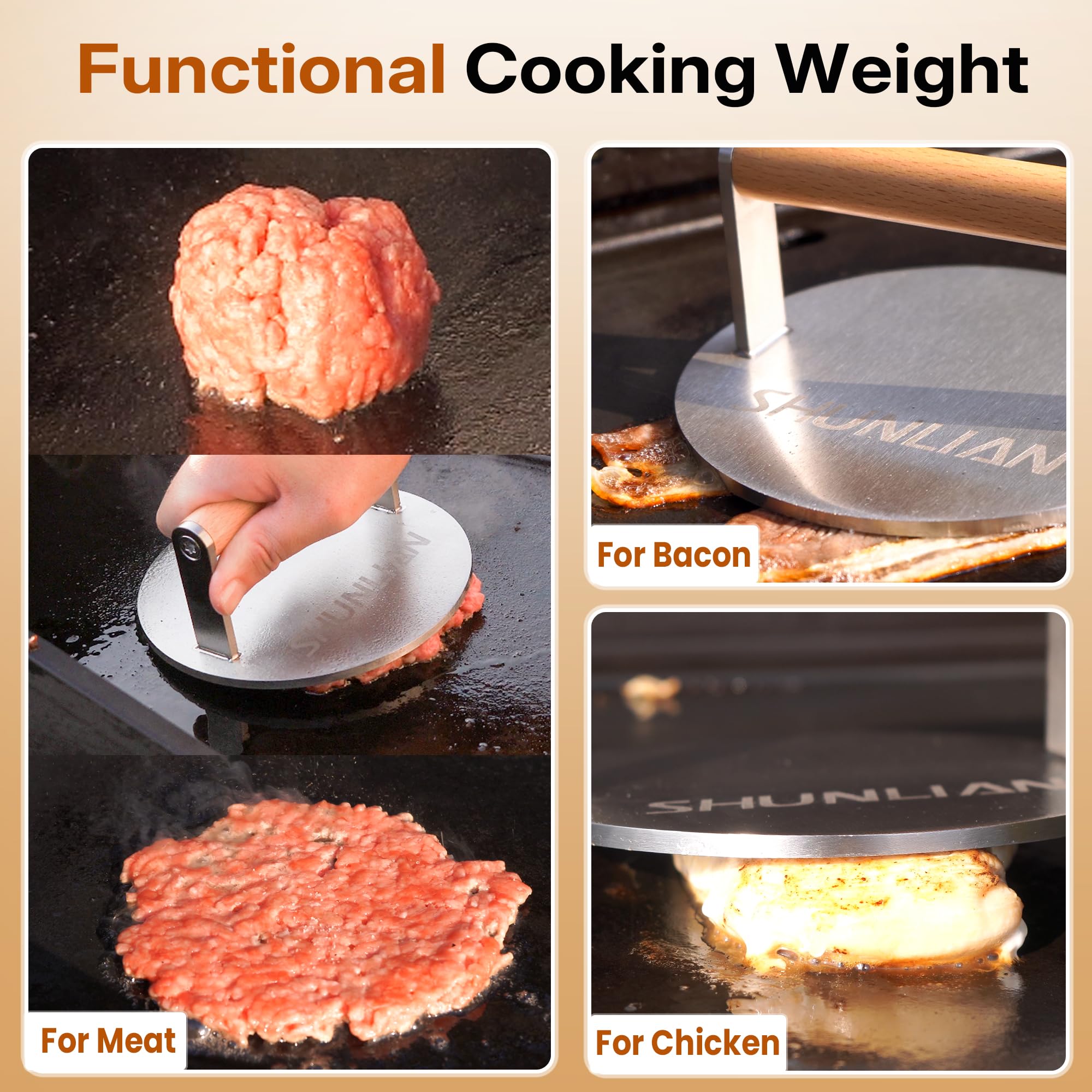 SHUNLIAN press in use on griddle creating crisp smash burger crust quickly